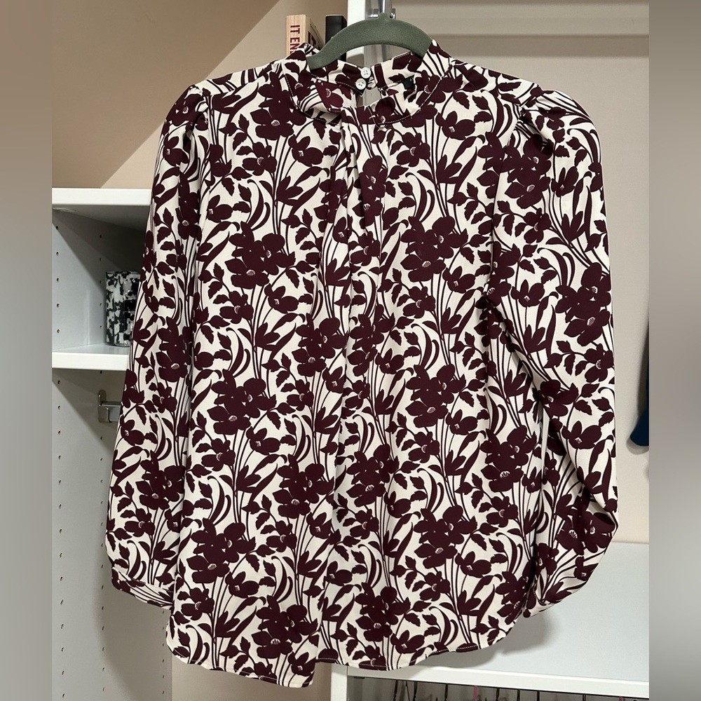 Ann Taylor floral tie mock neck blouse